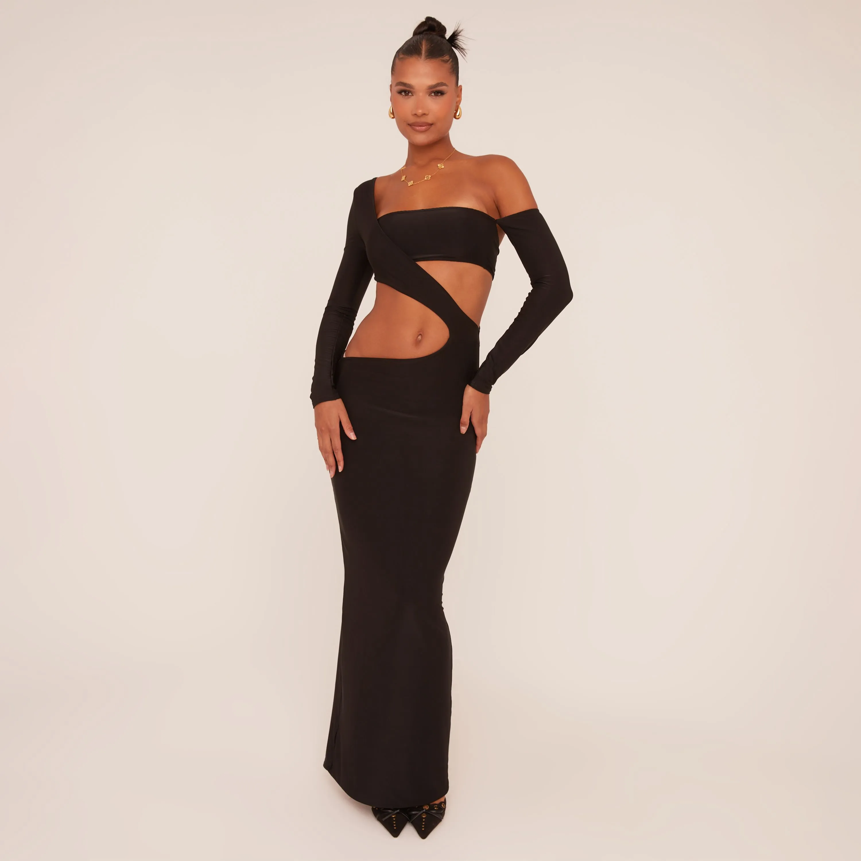 Long Sleeve Asymmetric Shoulder Cut Out Maxi Dress In Black Slinky