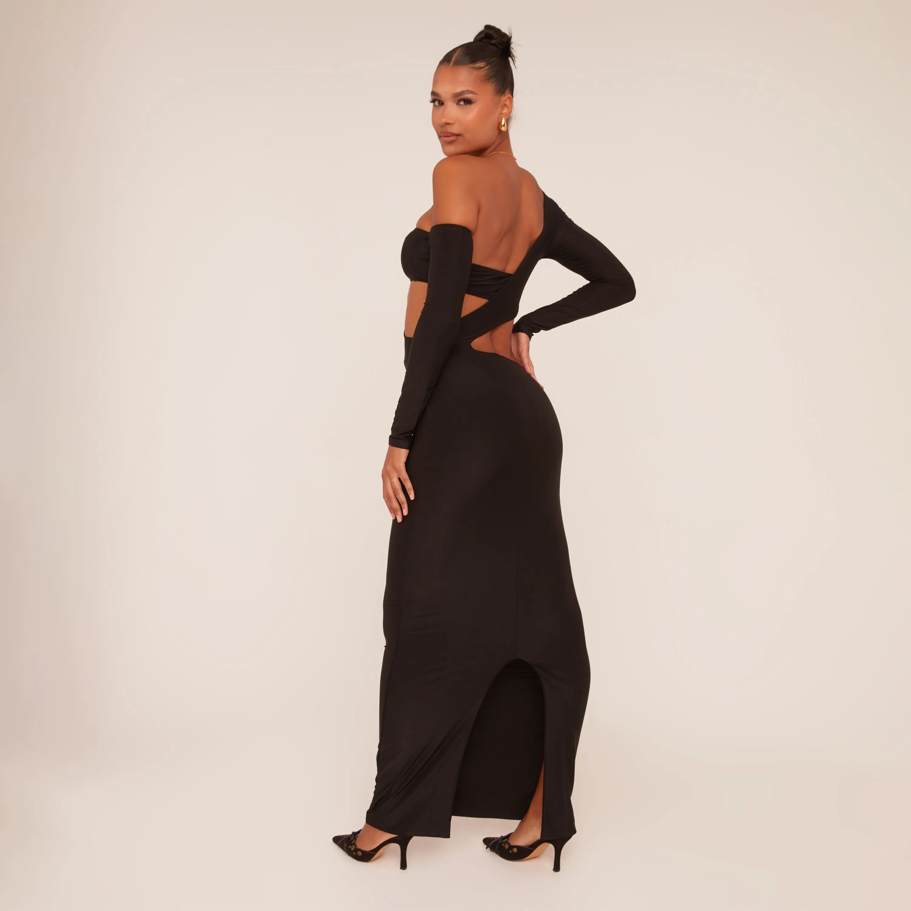 Long Sleeve Asymmetric Shoulder Cut Out Maxi Dress In Black Slinky