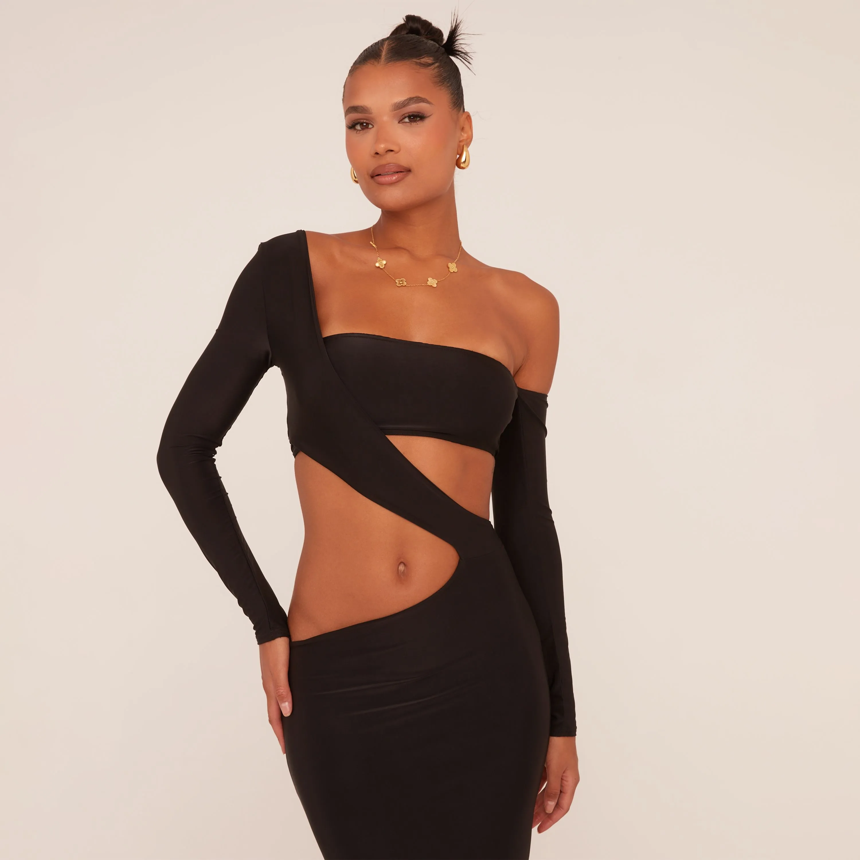 Long Sleeve Asymmetric Shoulder Cut Out Maxi Dress In Black Slinky