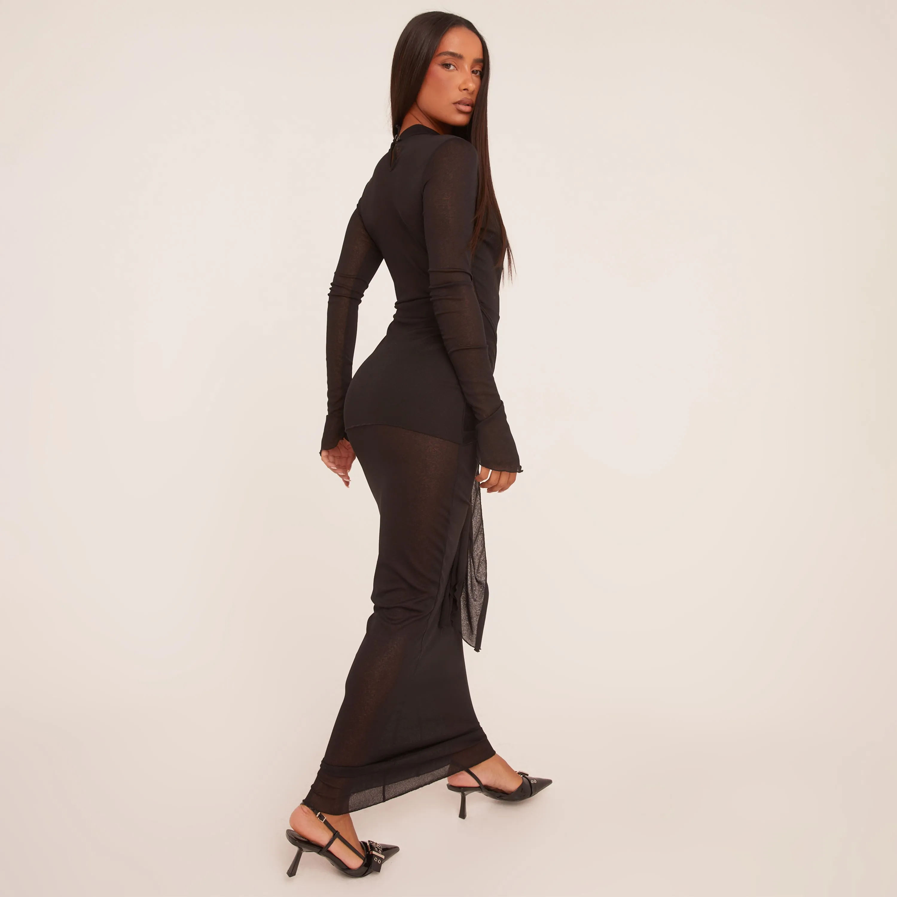 Long Sleeve Deep Plunge Drape Detail Maxi Dress In Black