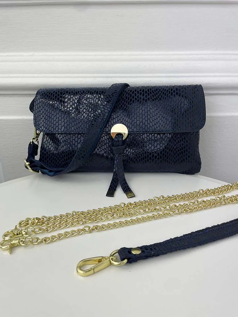 Malissa J Leather Snake Effect Envelope Clutch Bag - Navy