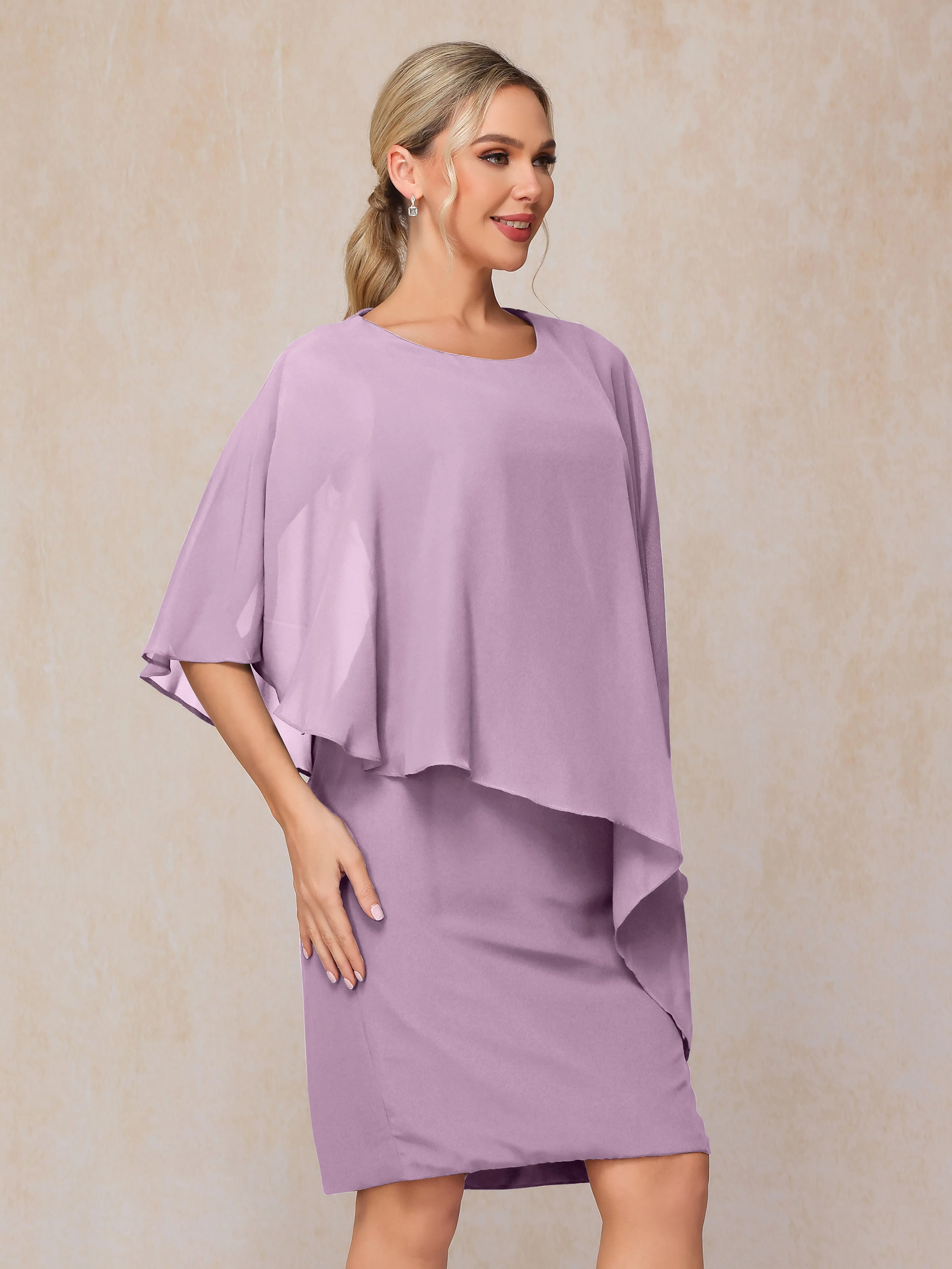 Manches asymétriques Col bateau Mousseline Robe Mère de la Mariée avec cape