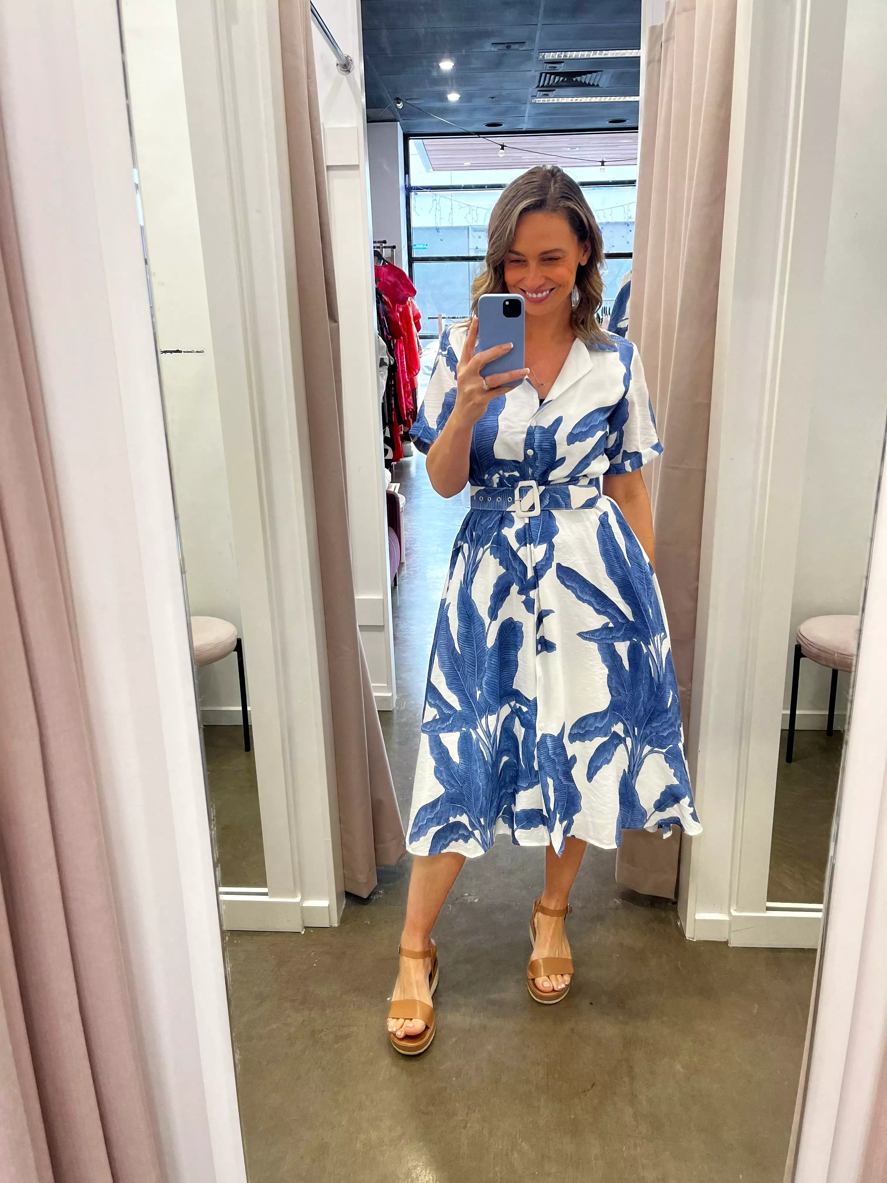 Maxine Dress (Blue Palm Print)