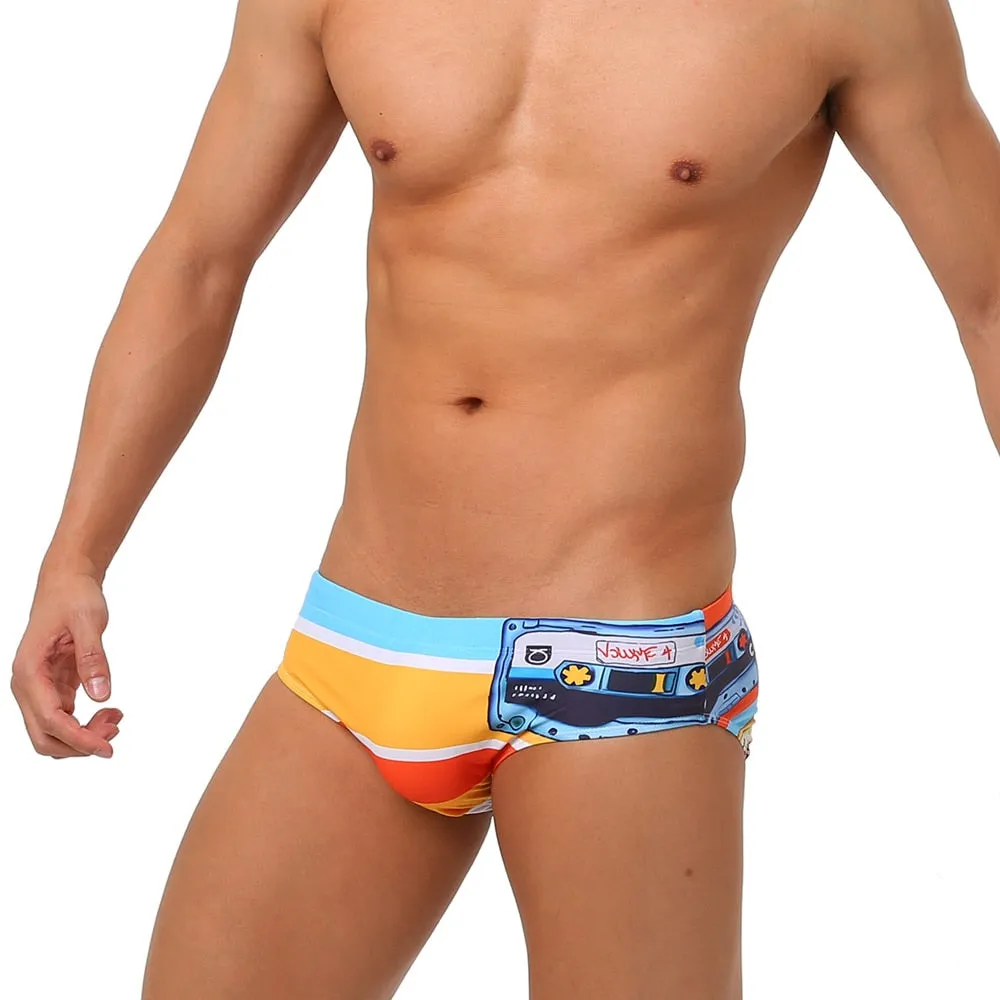 Men's Sexy Patchwork Stripe Printed Pattern Water Sports Swimwear Briefs