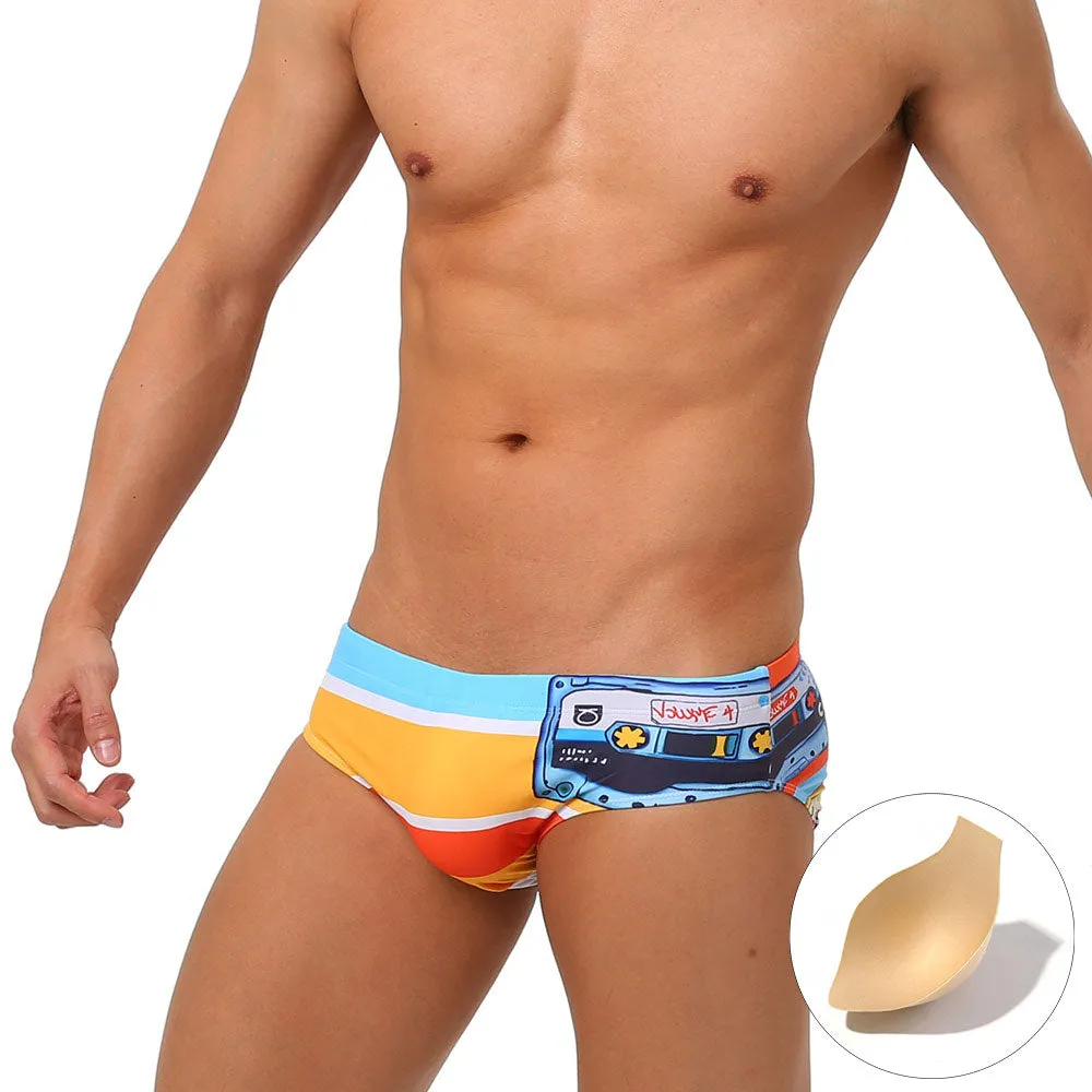 Men's Sexy Patchwork Stripe Printed Pattern Water Sports Swimwear Briefs