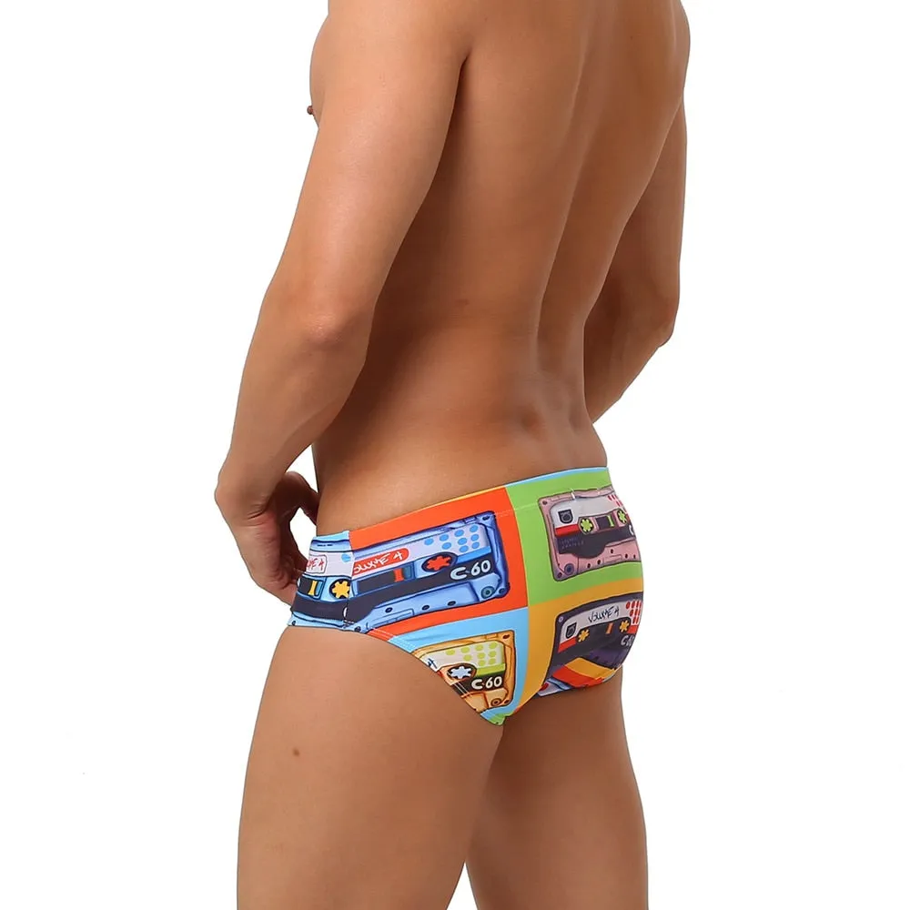 Men's Sexy Patchwork Stripe Printed Pattern Water Sports Swimwear Briefs