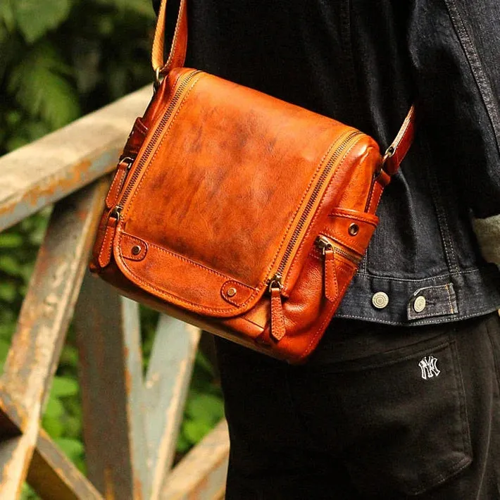 Men's Soft Vegetable Tanned Leather Camera Messenger Crossbody Bag