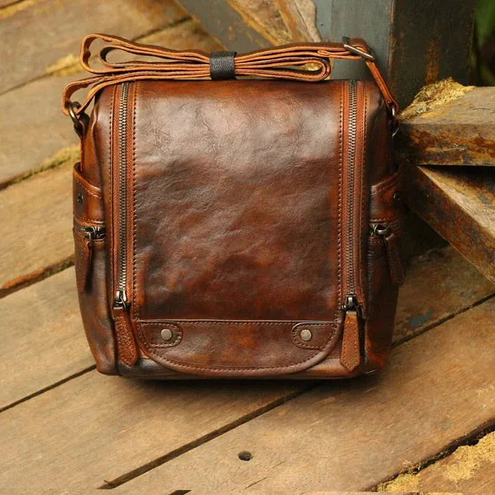 Men's Soft Vegetable Tanned Leather Camera Messenger Crossbody Bag