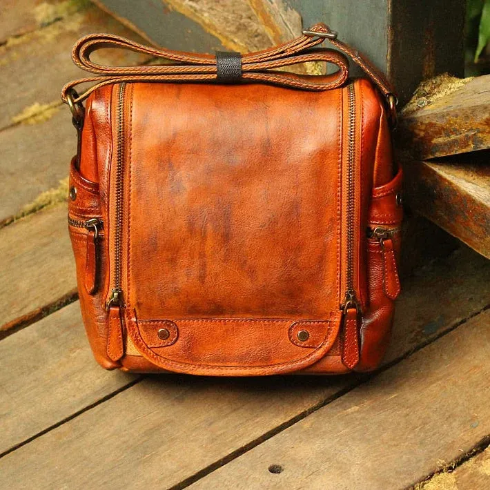 Men's Soft Vegetable Tanned Leather Camera Messenger Crossbody Bag