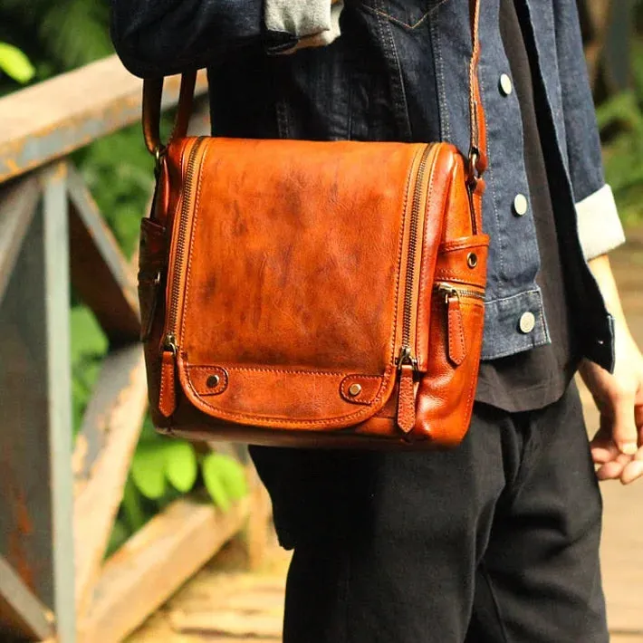 Men's Soft Vegetable Tanned Leather Camera Messenger Crossbody Bag