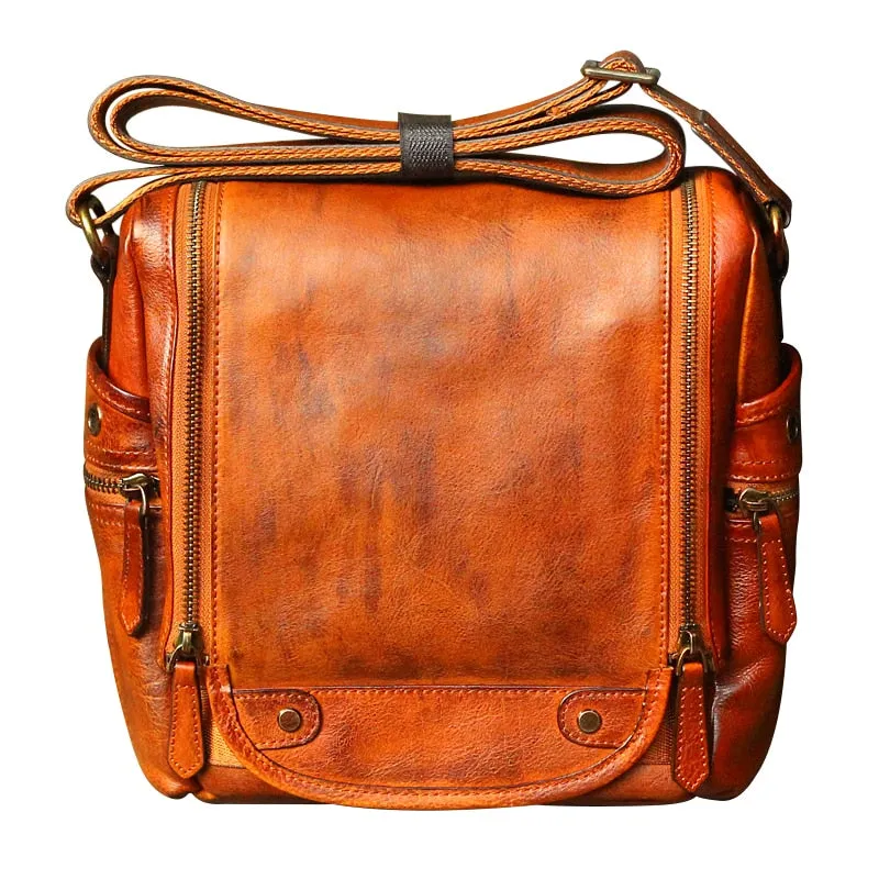 Men's Soft Vegetable Tanned Leather Camera Messenger Crossbody Bag