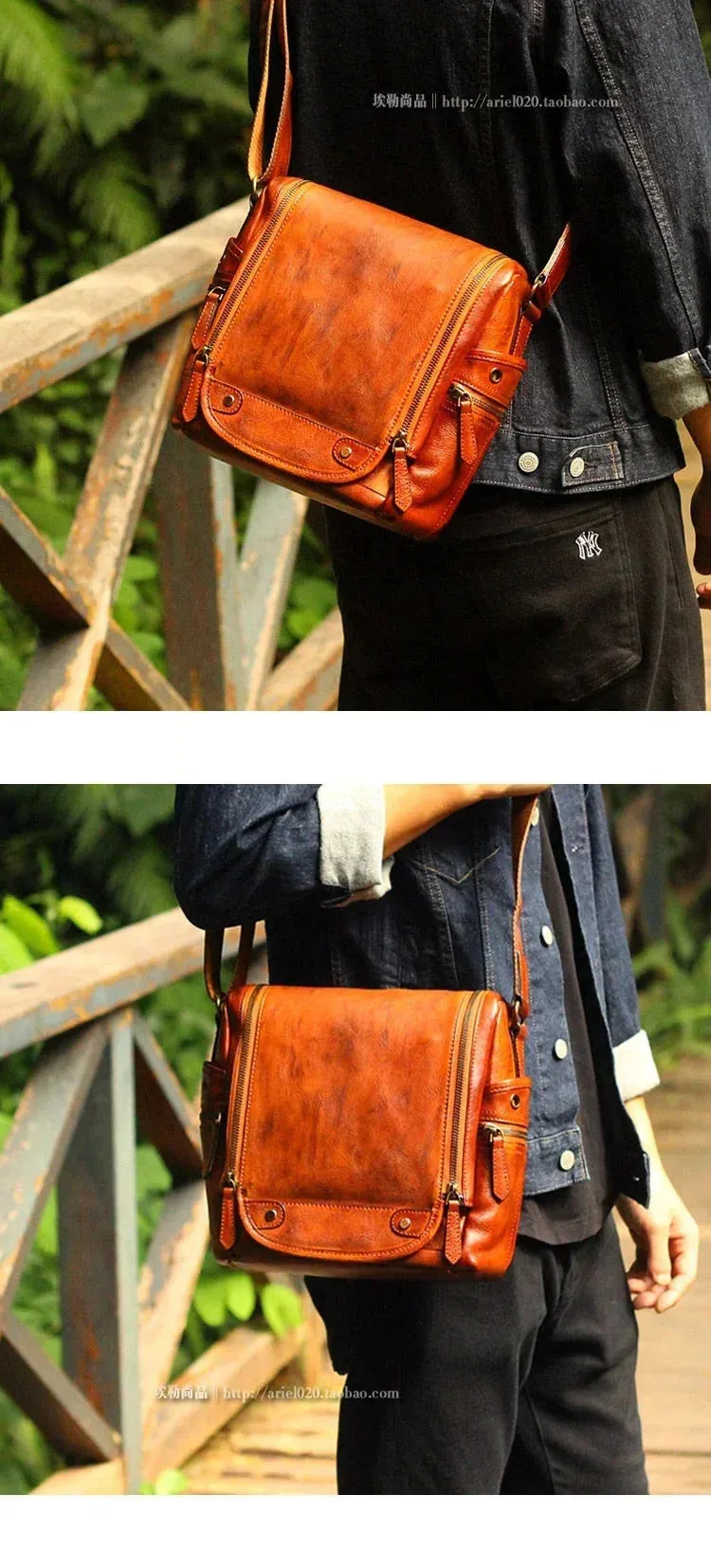 Men's Soft Vegetable Tanned Leather Camera Messenger Crossbody Bag