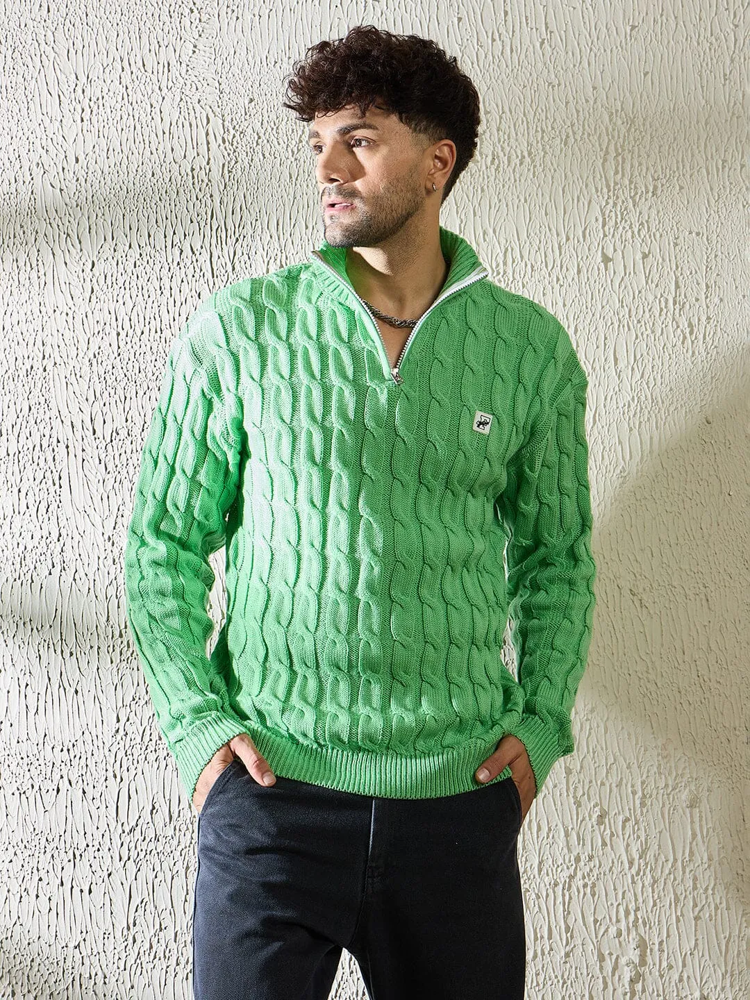 Mint Cable Knit Quarter Zip Turtleneck Sweater