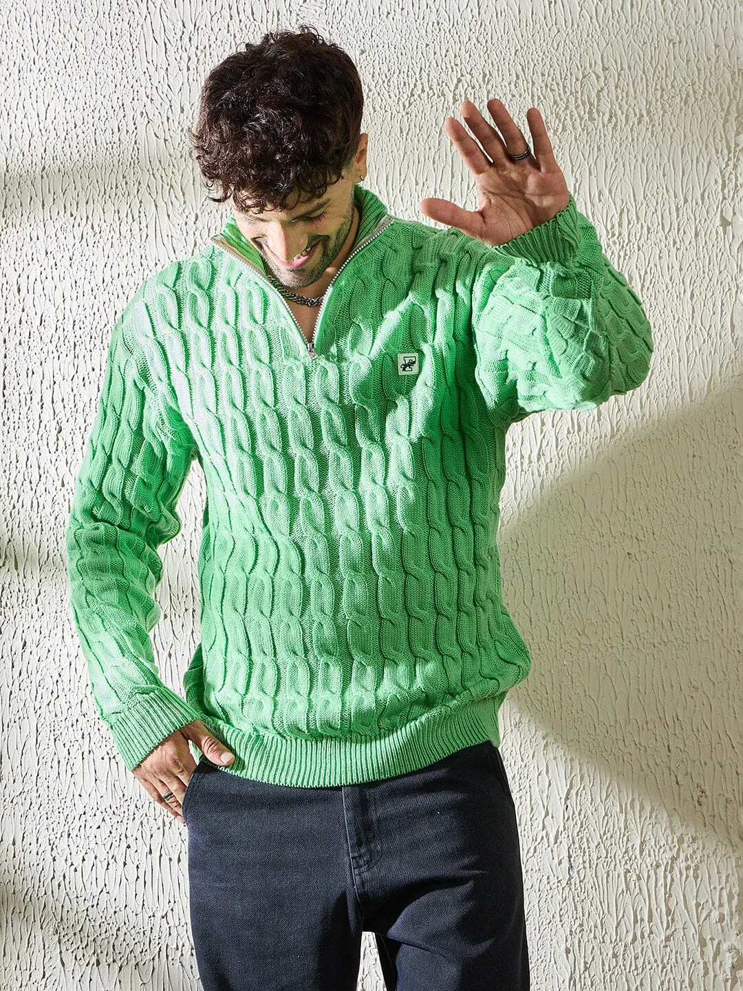 Mint Cable Knit Quarter Zip Turtleneck Sweater