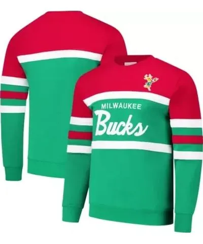 Mitchell & Ness Men's NBA Green/Red Milwaukee Bucks Hardwood Classics Vintage Logo Head Coach Pullover Sweatshirt