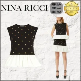 NINA RICCI  |Dots Blended Fabrics Sleeveless Cotton Logo