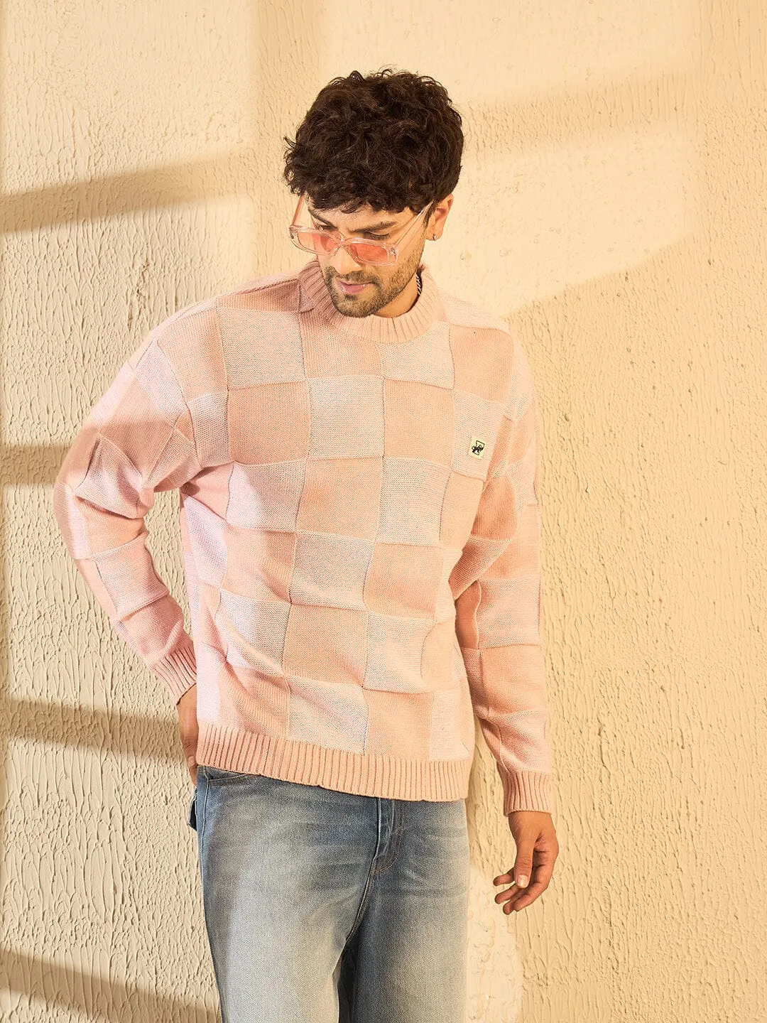 Peach Checkered Oversized Sweater