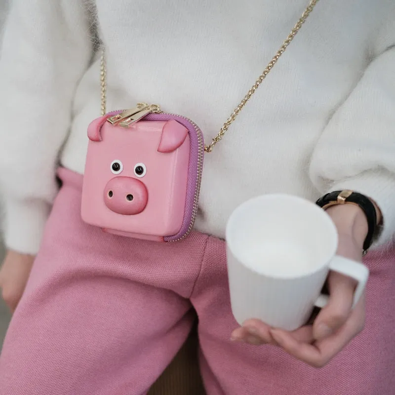 Pink Leather Mini Pig Women Cute Small Square Key Coin Purses Chain Crossbody Messenger Bad Girl