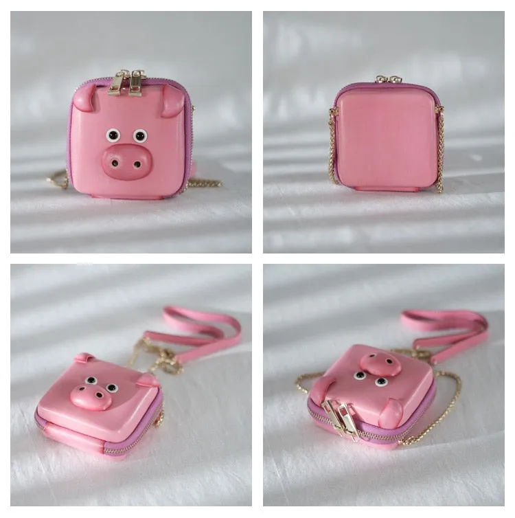 Pink Leather Mini Pig Women Cute Small Square Key Coin Purses Chain Crossbody Messenger Bad Girl