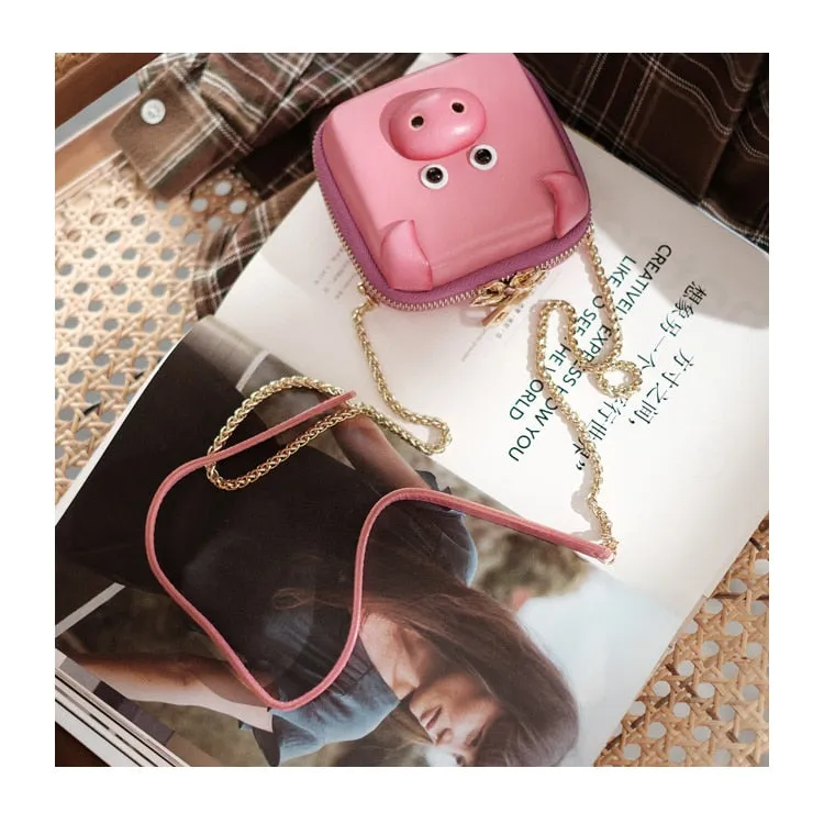 Pink Leather Mini Pig Women Cute Small Square Key Coin Purses Chain Crossbody Messenger Bad Girl