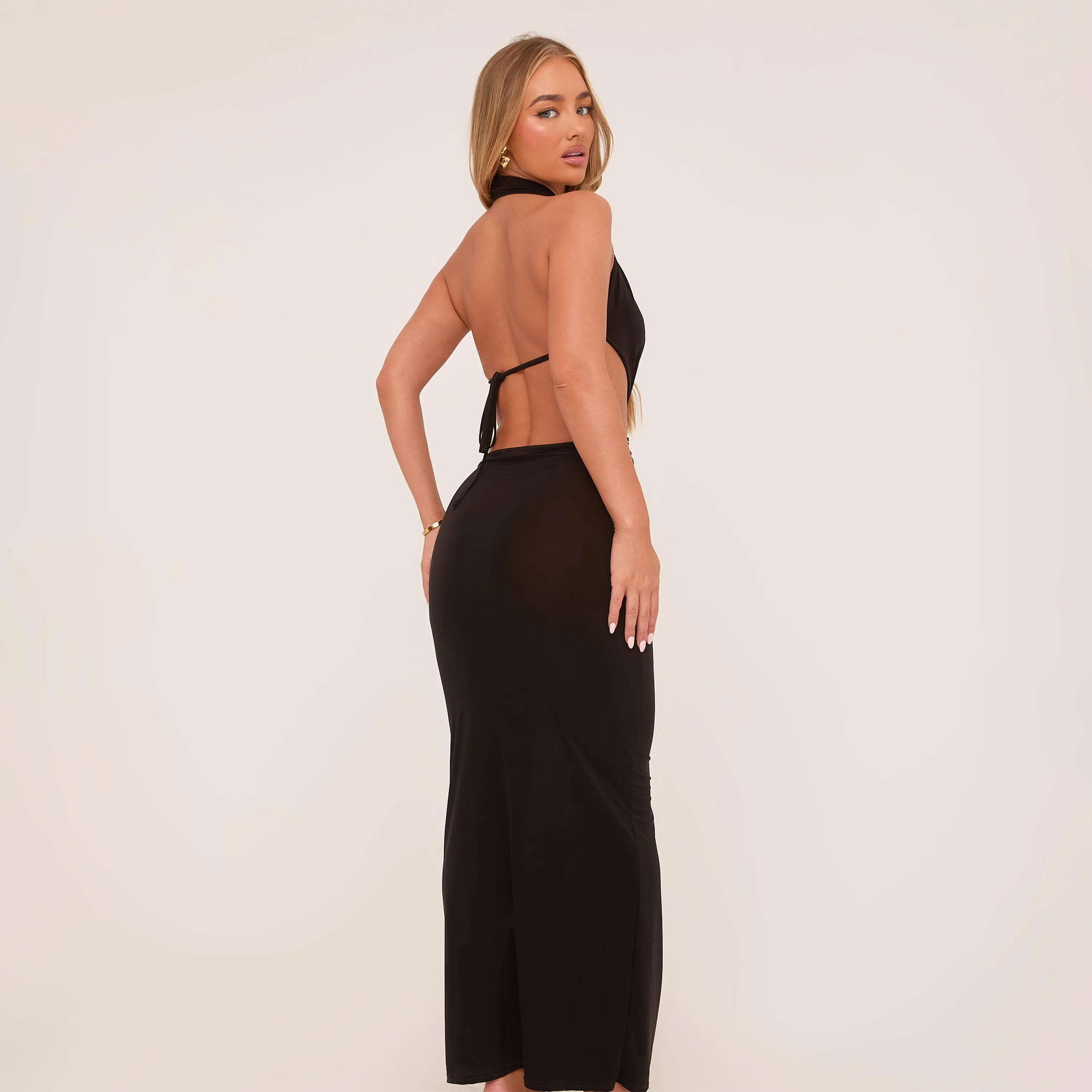 Plunge Halterneck Knot Front Maxi Dress In Black Slinky