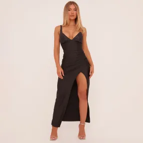 Plunge Sequin Bust Detail Split Leg Maxi Dress In Black