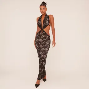 Plunge Twist Front Open Back Maxi Dress In Black Lace