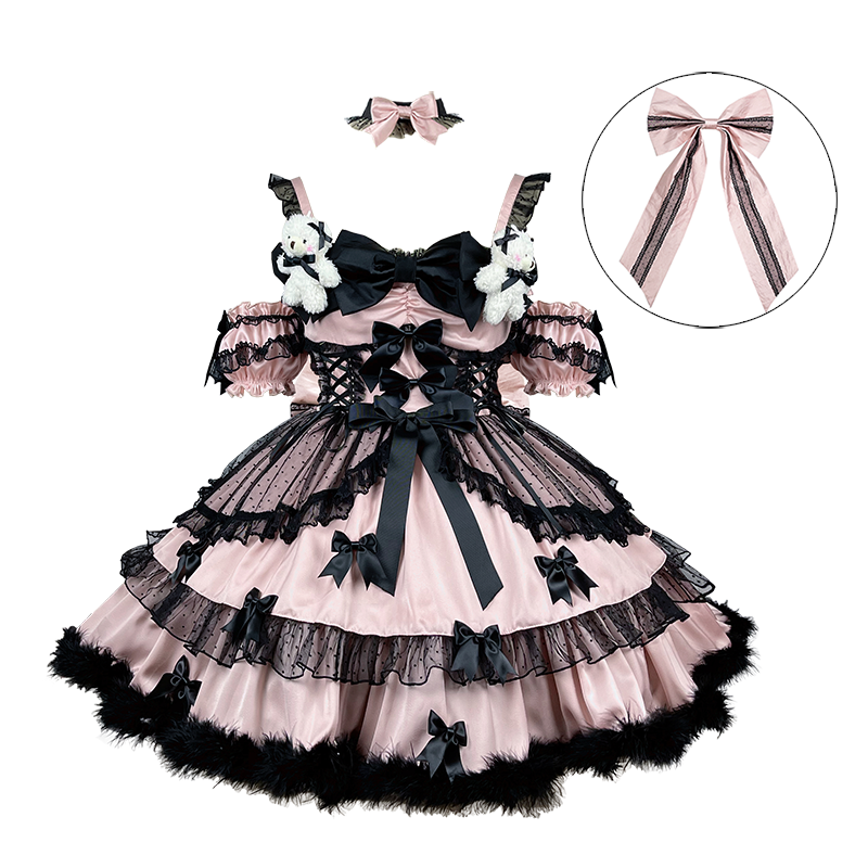 Pre-order jiraikei black pink lace puff sleeve lolita fashion dress