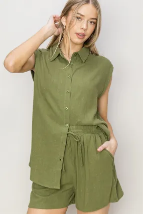 RAYON LINEN SLEEVELESS BUTTON UP TOP