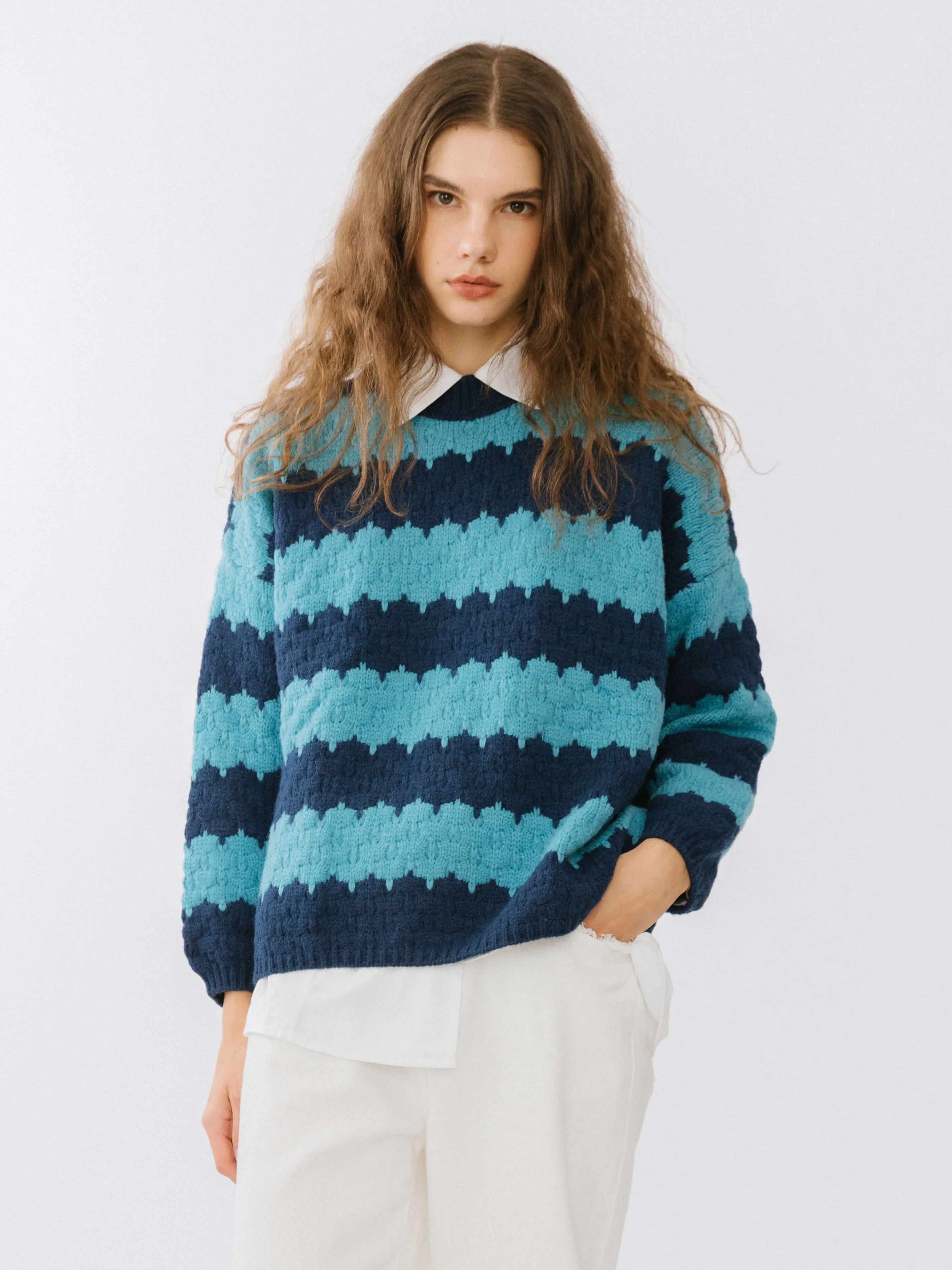 Round Neck Contrast Colour Striped Sweater