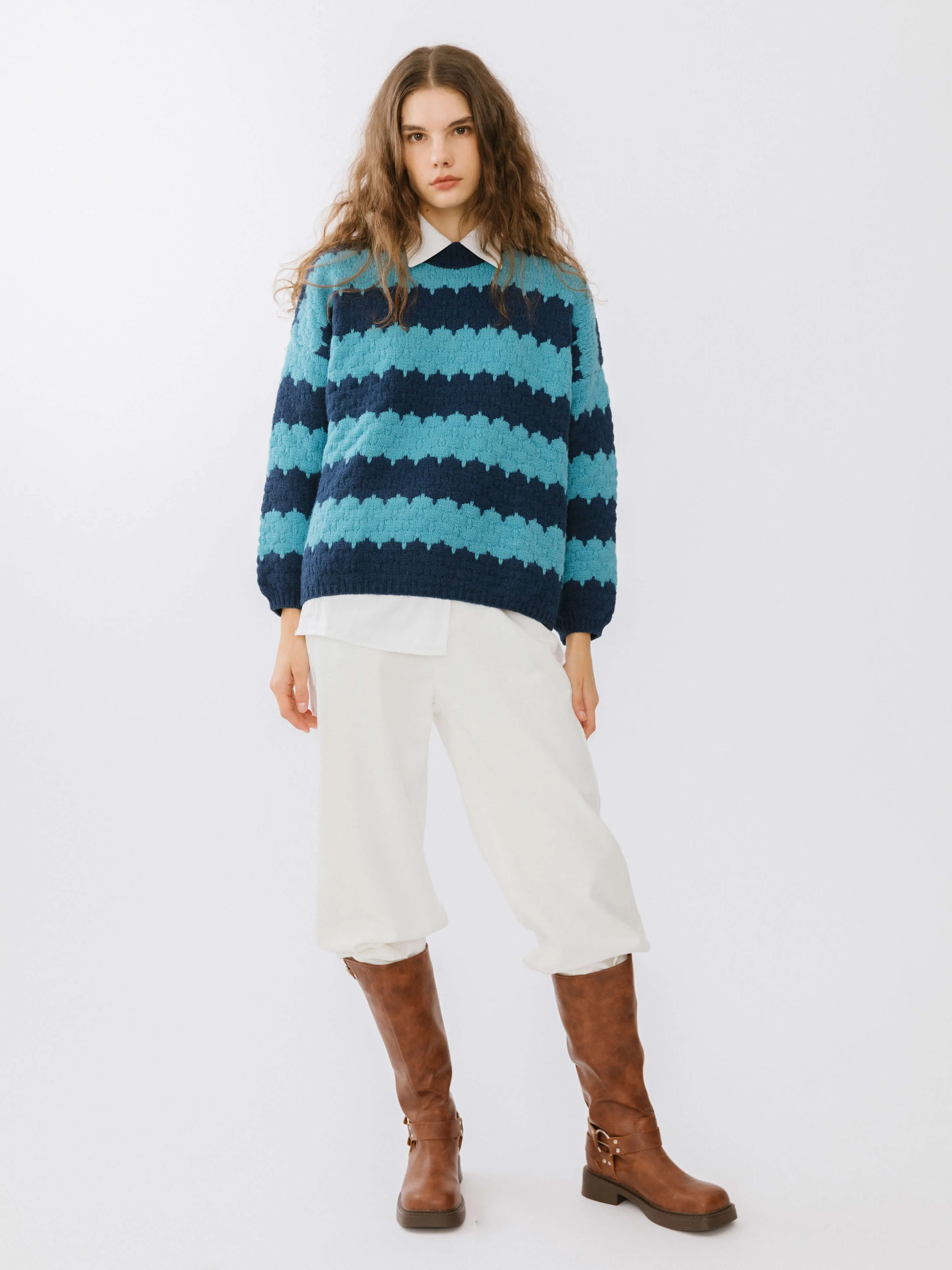 Round Neck Contrast Colour Striped Sweater