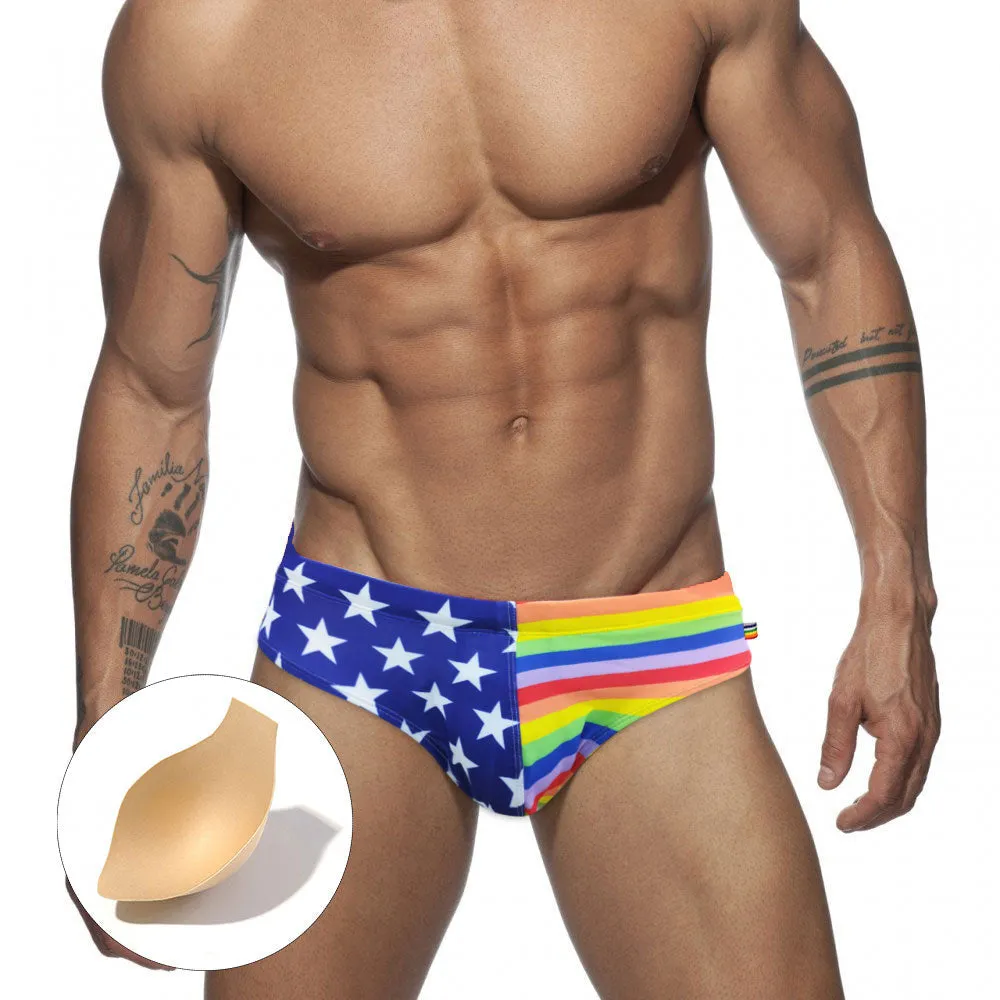 Sexy Rainbow Star Printed Pattern Beach Surfing Swimwear Briefs for Men