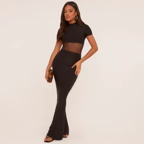 Short Sleeve High Neck Mesh Insert Maxi Dress In Black Slinky