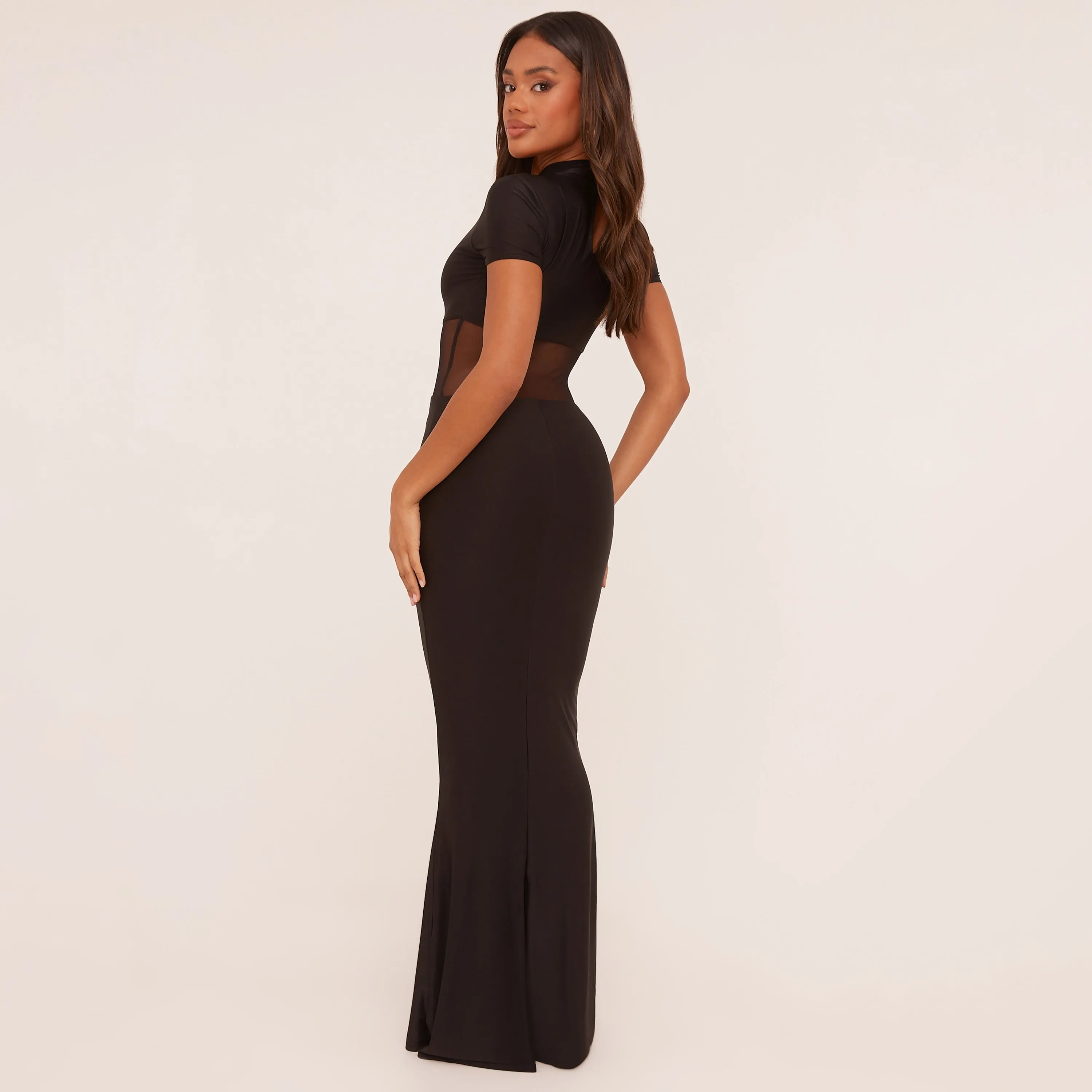 Short Sleeve High Neck Mesh Insert Maxi Dress In Black Slinky