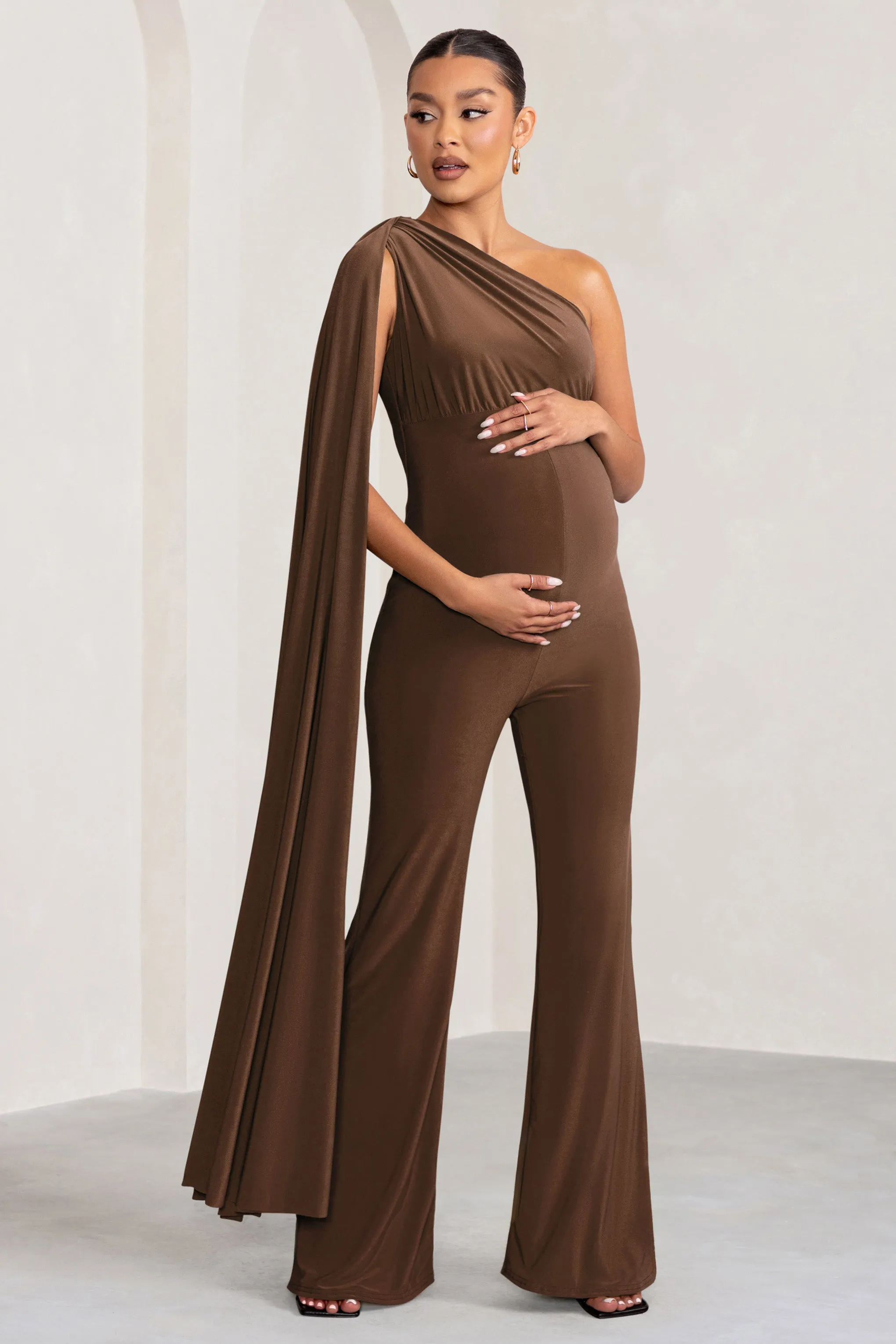 Sing To Sleep | Chocolate Maternity One Shoulder Cape Jumpsuit