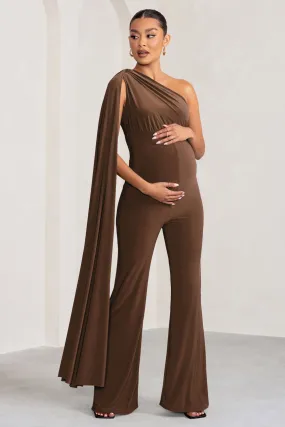 Sing To Sleep | Chocolate Maternity One Shoulder Cape Jumpsuit