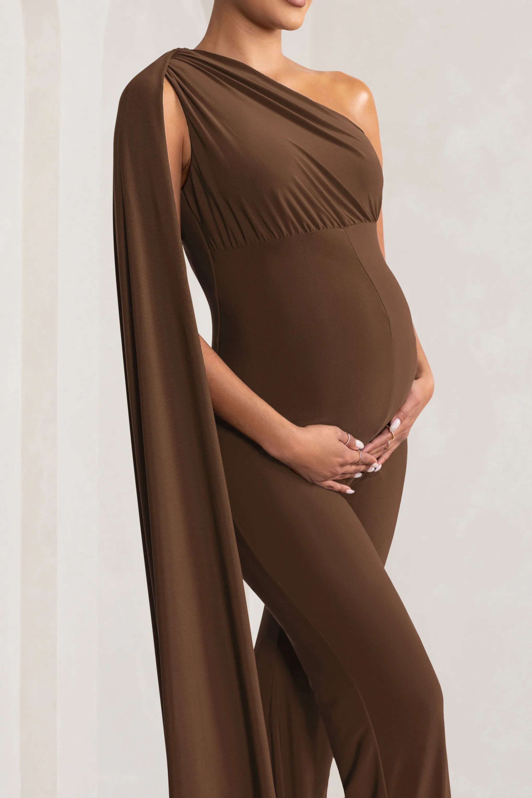 Sing To Sleep | Chocolate Maternity One Shoulder Cape Jumpsuit