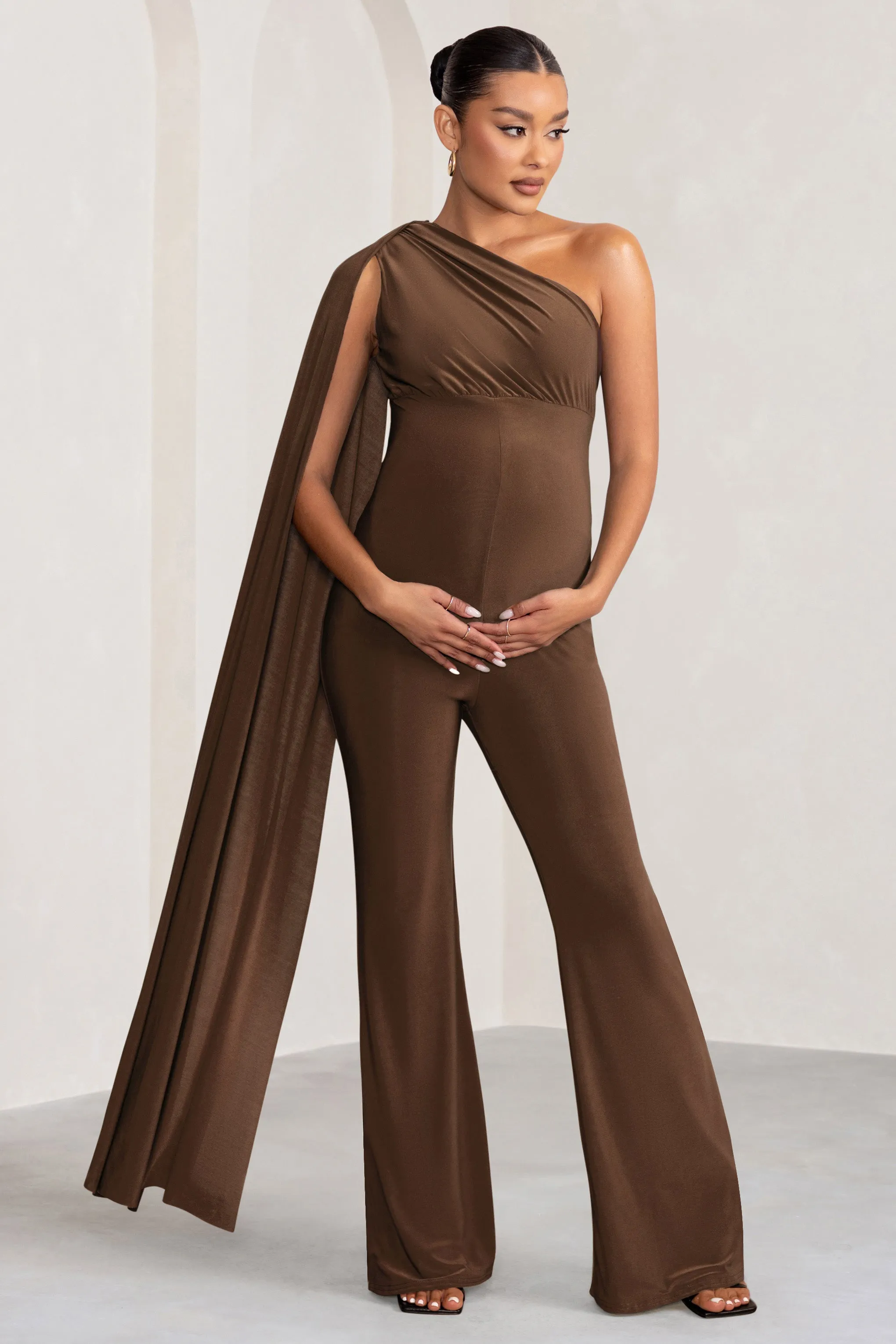 Sing To Sleep | Chocolate Maternity One Shoulder Cape Jumpsuit