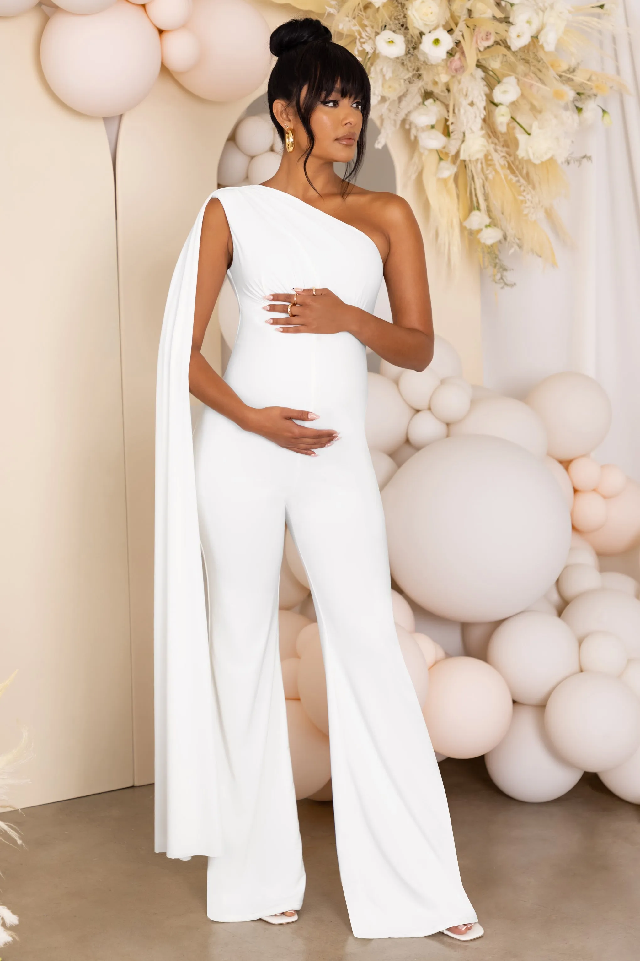 Sing To Sleep | White Maternity One Shoulder Cape Jumpsuit