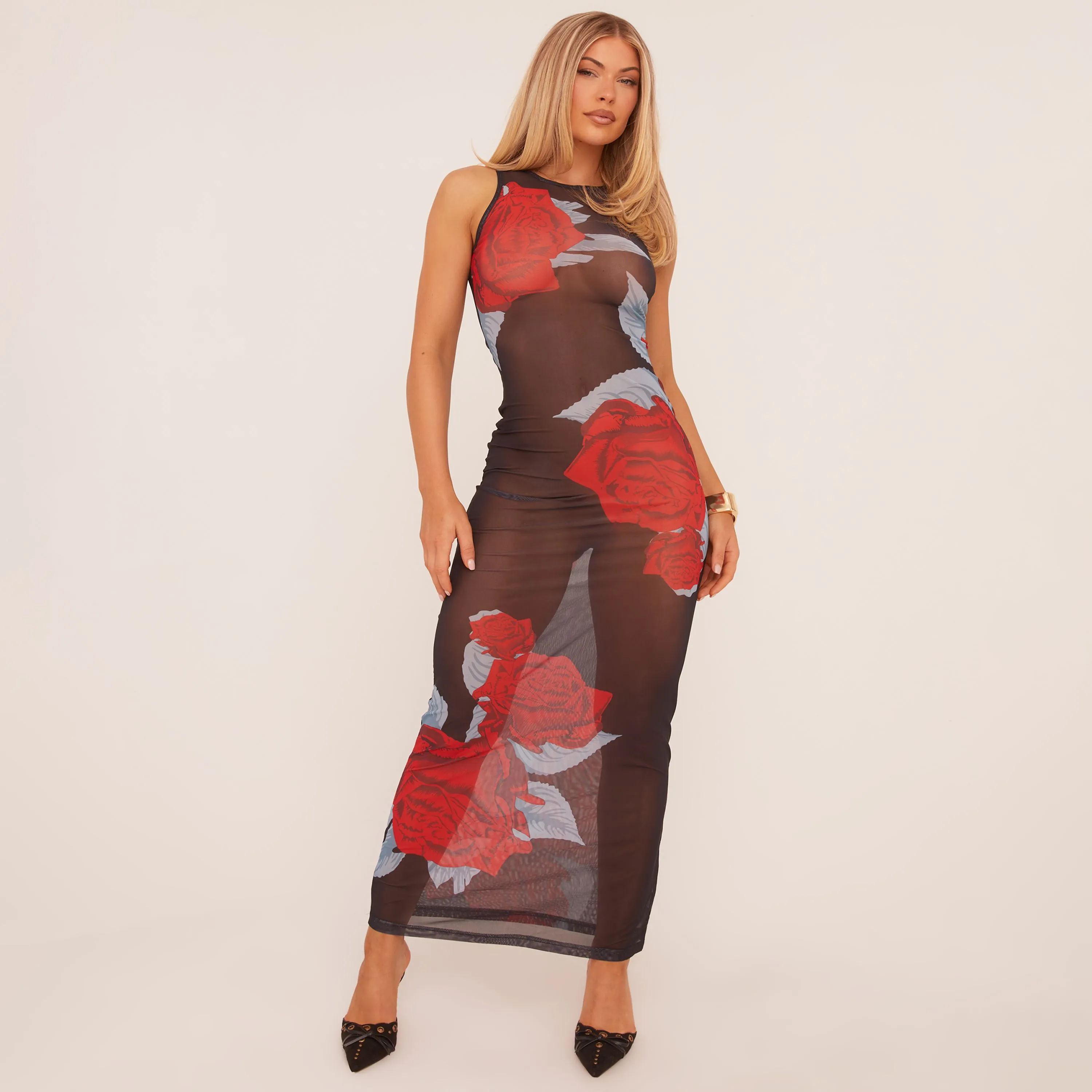 Sleeveless Rose Print Maxi Dress In Black Mesh