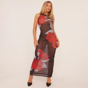 Sleeveless Rose Print Maxi Dress In Black Mesh