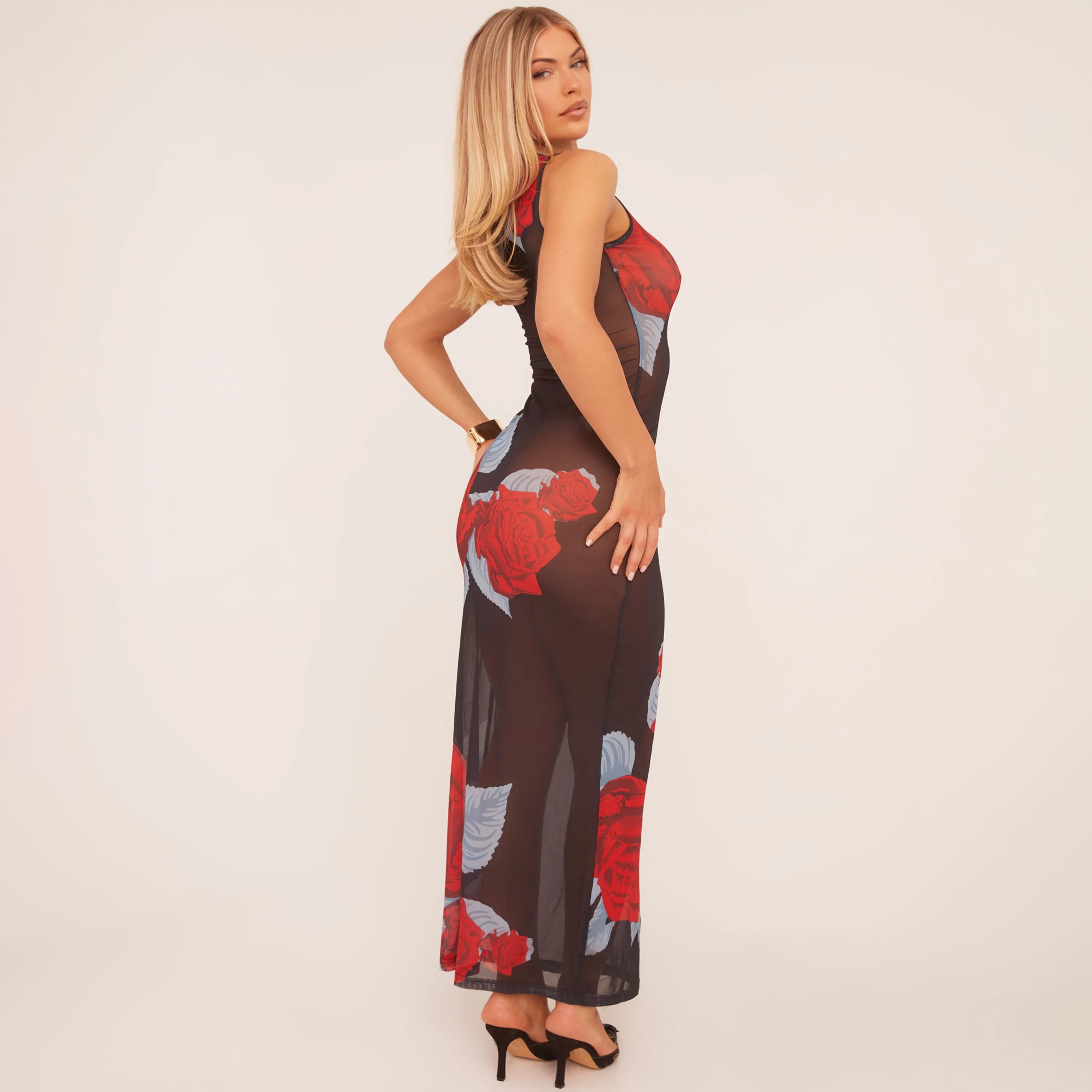 Sleeveless Rose Print Maxi Dress In Black Mesh