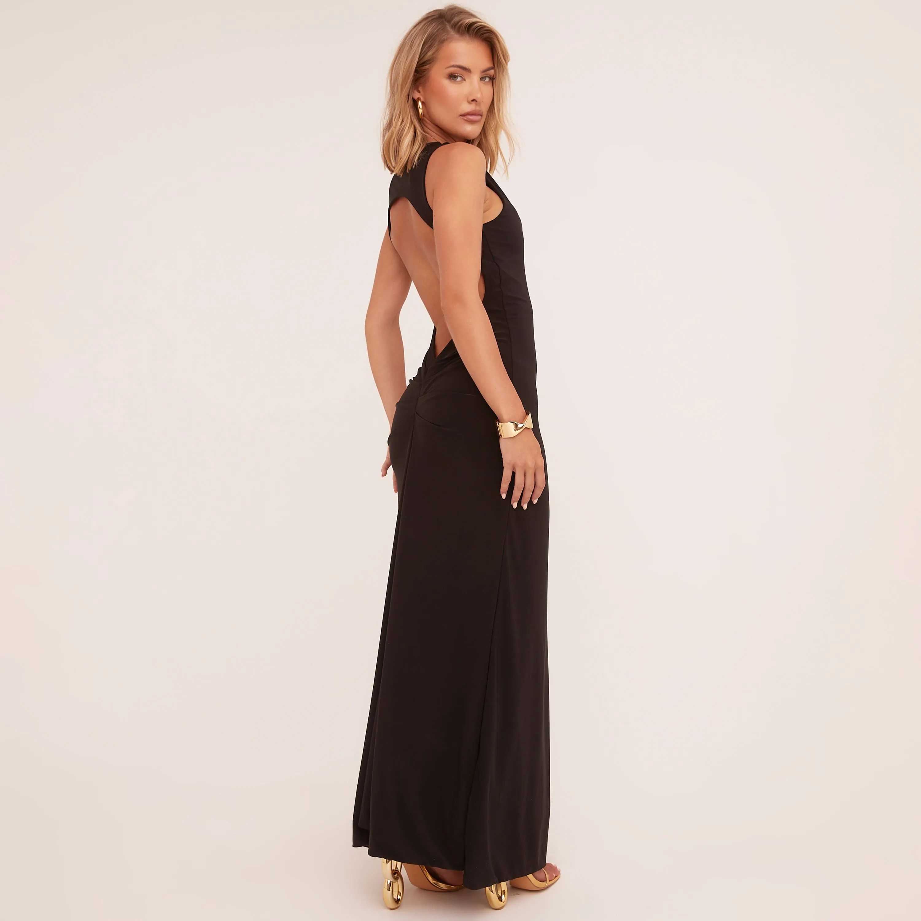 Sleeveless Ruched Bum Open Back Maxi Dress In Black Slinky