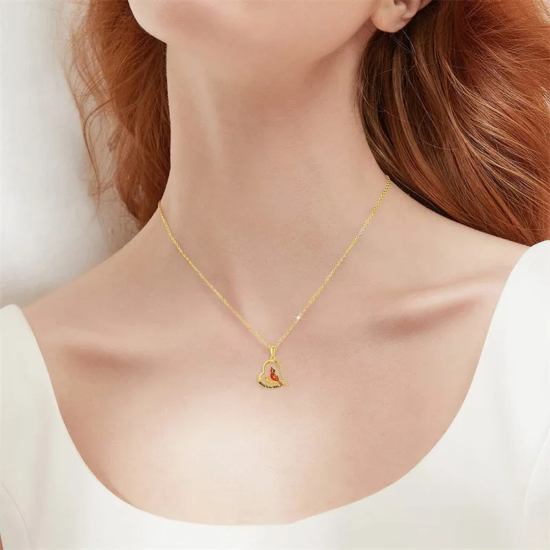 Soild 14K Gold Red Cardinal Bird Necklace, Real Gold Memorial Pendant Necklace Engrave Always in My Heart Fine Jewelry Gifts for