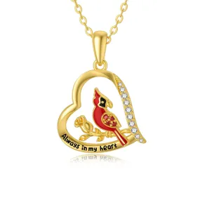 Soild 14K Gold Red Cardinal Bird Necklace, Real Gold Memorial Pendant Necklace Engrave Always in My Heart Fine Jewelry Gifts for