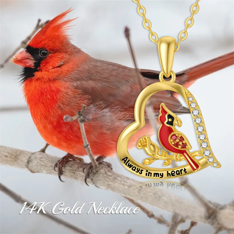 Soild 14K Gold Red Cardinal Bird Necklace, Real Gold Memorial Pendant Necklace Engrave Always in My Heart Fine Jewelry Gifts for