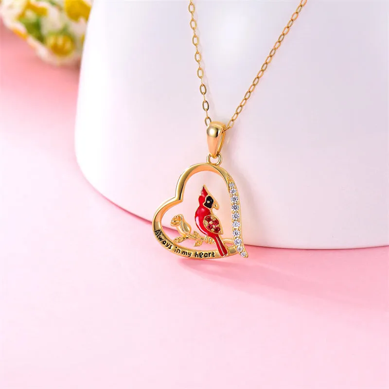 Soild 14K Gold Red Cardinal Bird Necklace, Real Gold Memorial Pendant Necklace Engrave Always in My Heart Fine Jewelry Gifts for