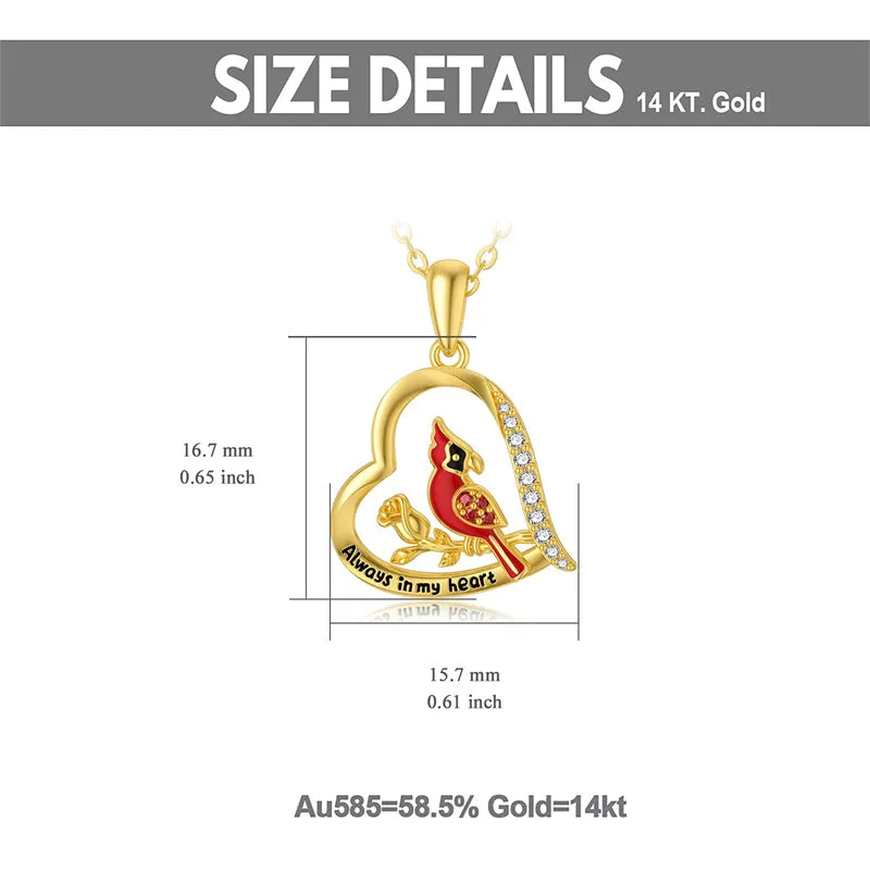 Soild 14K Gold Red Cardinal Bird Necklace, Real Gold Memorial Pendant Necklace Engrave Always in My Heart Fine Jewelry Gifts for