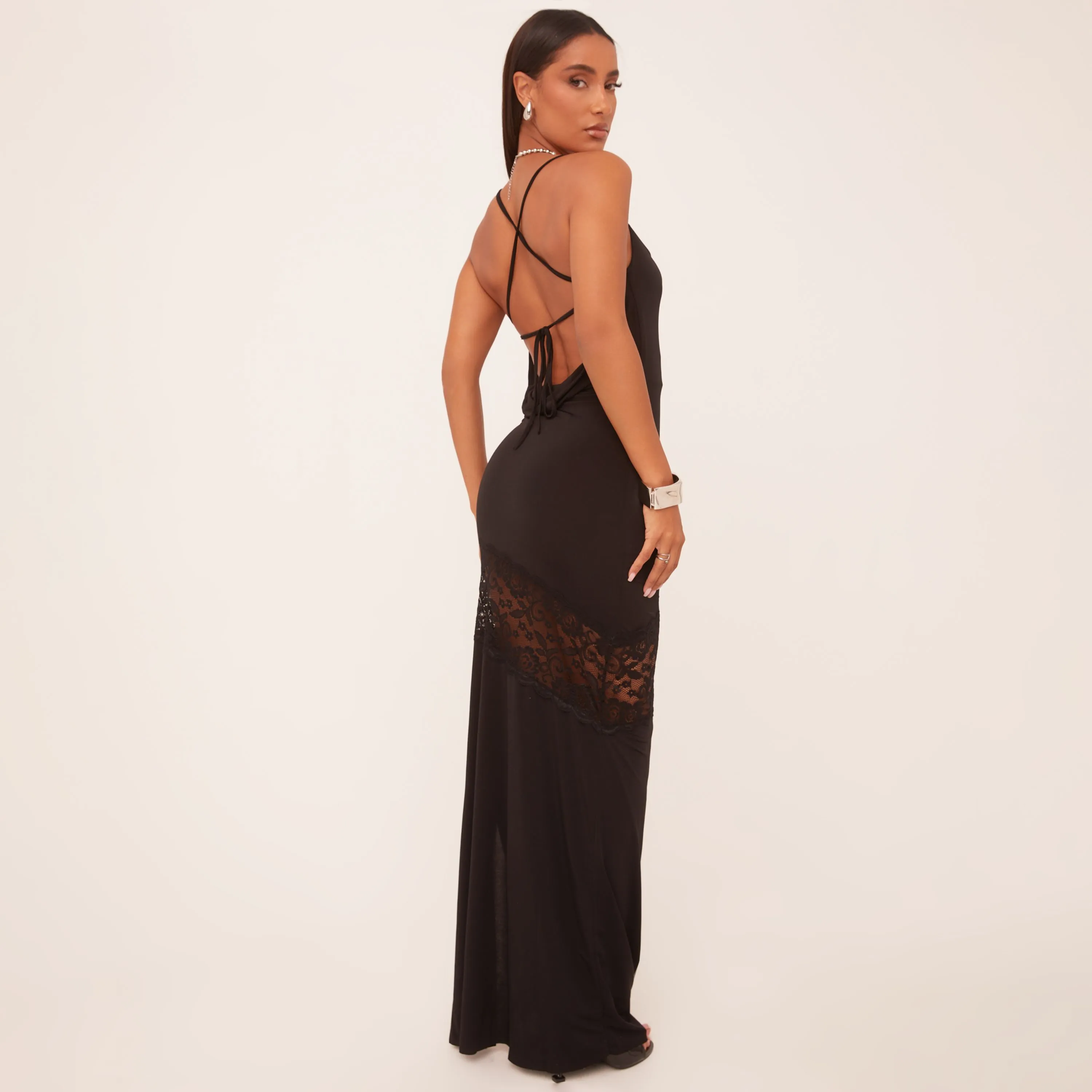 Square Neck Lace Trim Detail Strappy Back Maxi Dress In Black Slinky