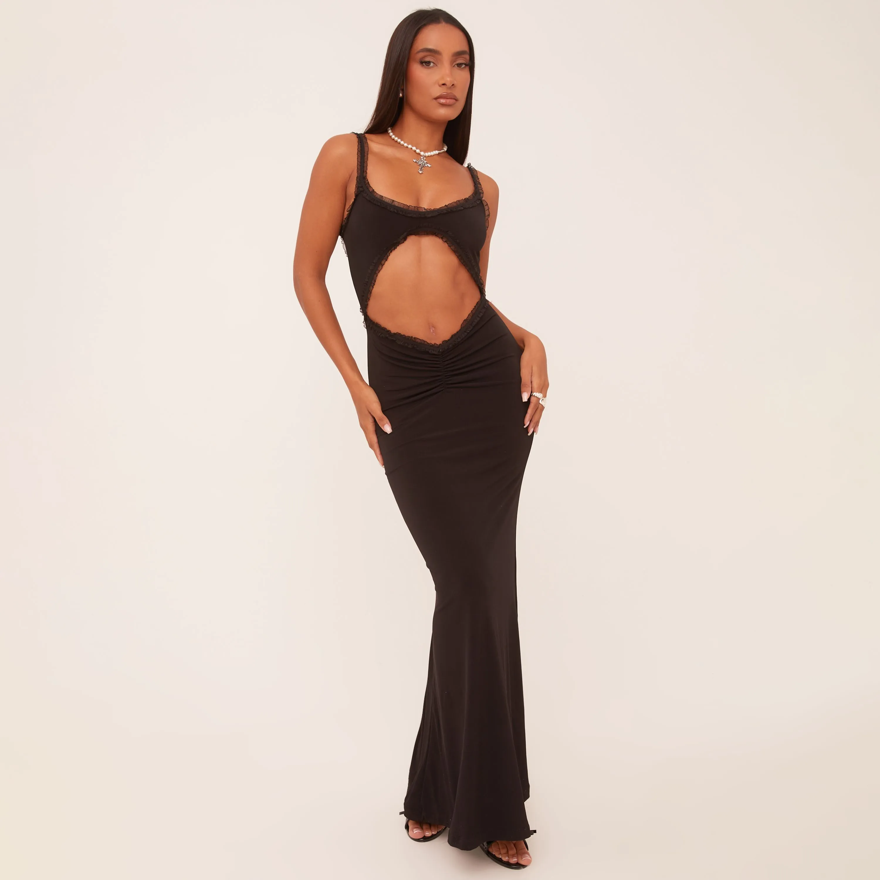 Strappy Frill Edge Cut Out Maxi Dress In Black Mesh